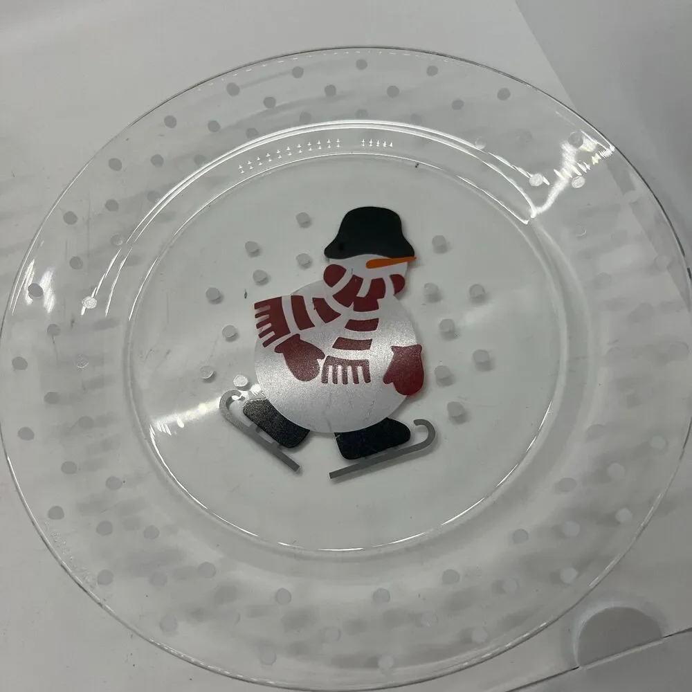 Set 4 Crate & Barrel Skating Snowmen Dessert Salad Plate Glass Holiday Christmas